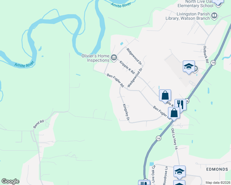 map of restaurants, bars, coffee shops, grocery stores, and more near 7552 Kingsley Drive in Denham Springs