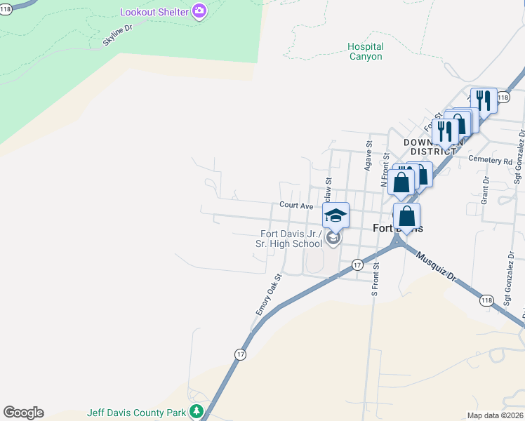 map of restaurants, bars, coffee shops, grocery stores, and more near 813 Court Avenue in Fort Davis