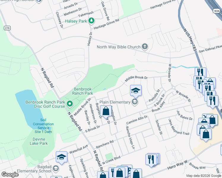 map of restaurants, bars, coffee shops, grocery stores, and more near 703 Middle Brook Drive in Leander