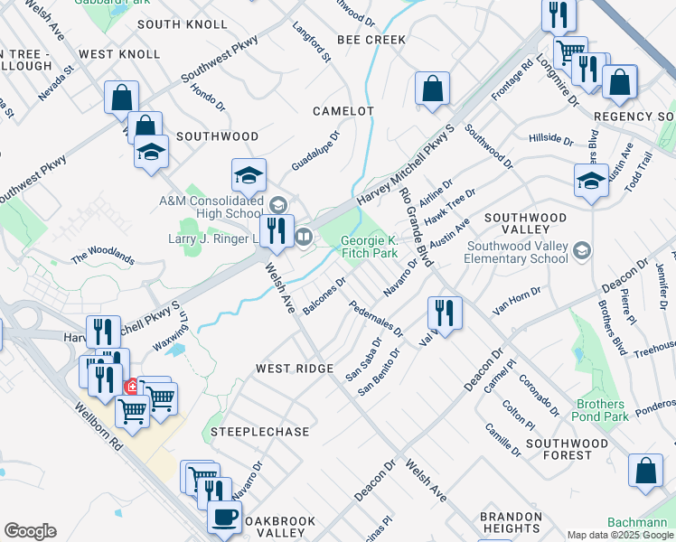 map of restaurants, bars, coffee shops, grocery stores, and more near 903 Balcones Drive in College Station