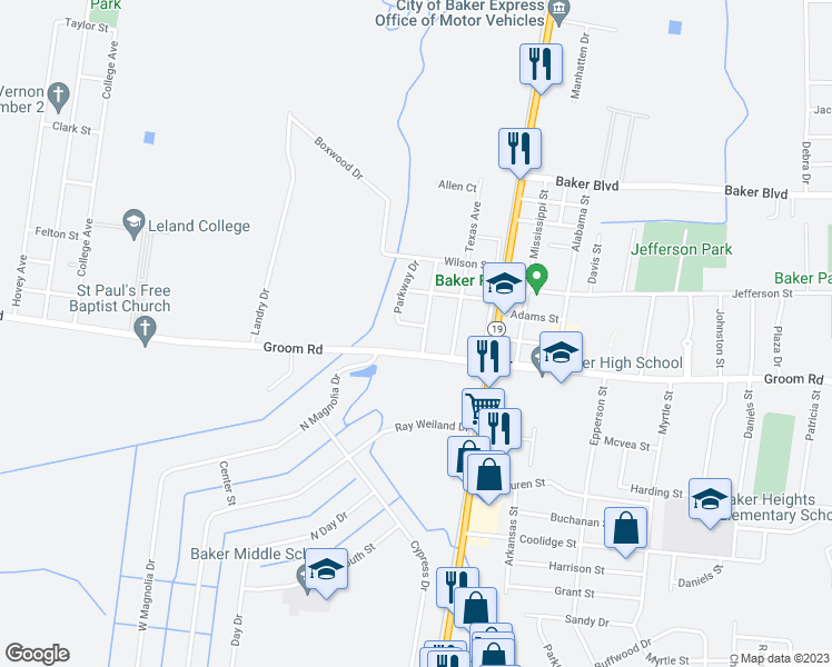 map of restaurants, bars, coffee shops, grocery stores, and more near 1241 Louisiana Avenue in Baker