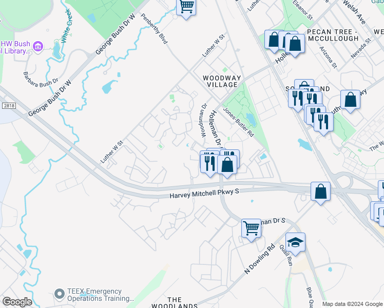 map of restaurants, bars, coffee shops, grocery stores, and more near 1331 Harvey Mitchell Parkway South in College Station