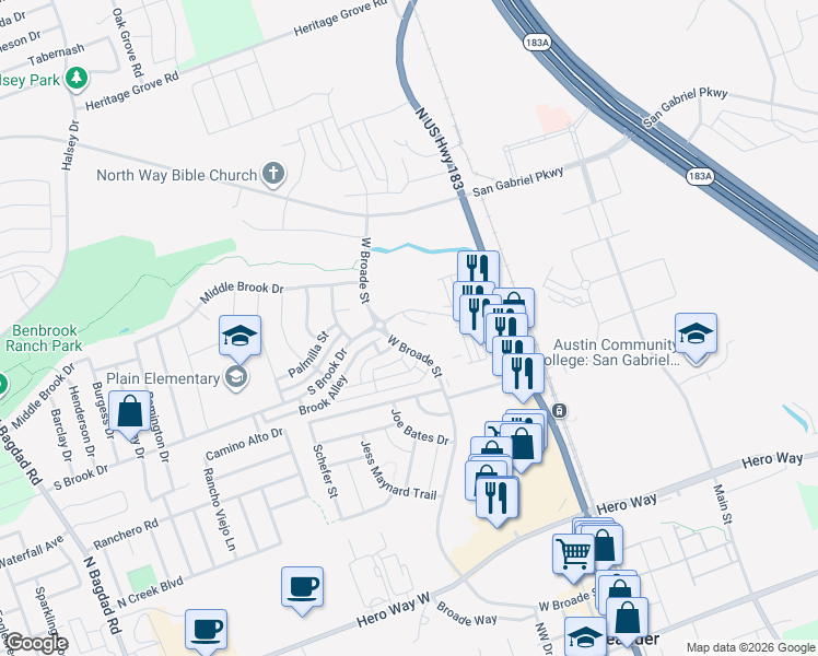 map of restaurants, bars, coffee shops, grocery stores, and more near 260 South Brook Drive in Leander
