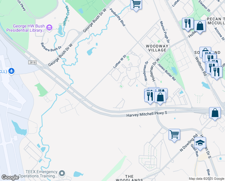 map of restaurants, bars, coffee shops, grocery stores, and more near 947 Luther Street West in College Station