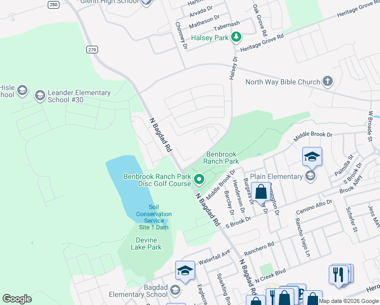 map of restaurants, bars, coffee shops, grocery stores, and more near 1100 Halsey Drive in Leander
