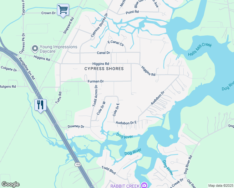 map of restaurants, bars, coffee shops, grocery stores, and more near 4879 Colby Road in Mobile