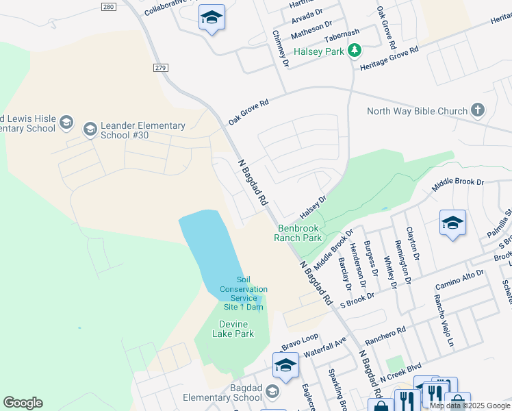 map of restaurants, bars, coffee shops, grocery stores, and more near 5500 County Road 279 in Leander