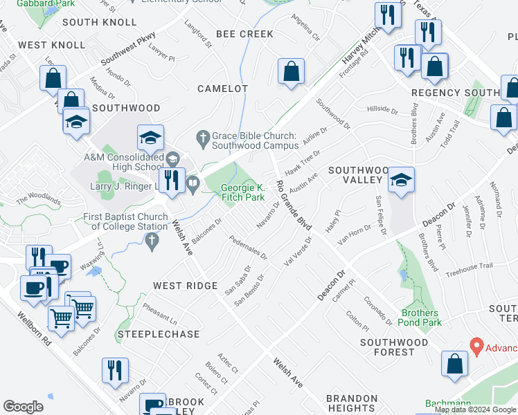 map of restaurants, bars, coffee shops, grocery stores, and more near 2406 Blanco Drive in College Station