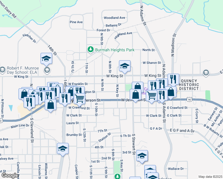 map of restaurants, bars, coffee shops, grocery stores, and more near 618 West Washington Street in Quincy