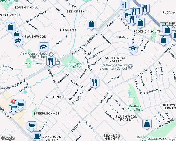 map of restaurants, bars, coffee shops, grocery stores, and more near 1028 Navarro Drive in College Station