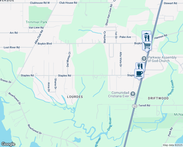 map of restaurants, bars, coffee shops, grocery stores, and more near 1938 Staples Road in Mobile