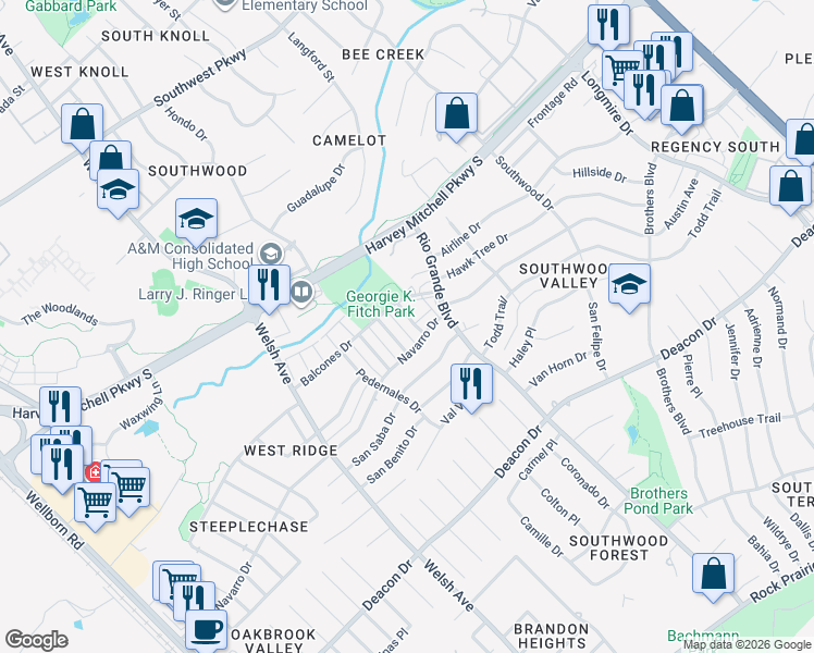 map of restaurants, bars, coffee shops, grocery stores, and more near 2406 Blanco Drive in College Station