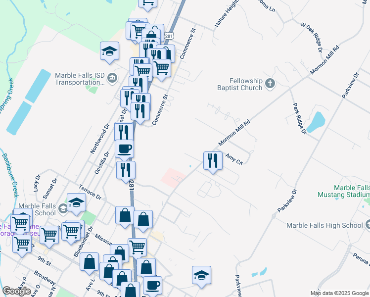 map of restaurants, bars, coffee shops, grocery stores, and more near 1005 Ridge Point Drive in Marble Falls