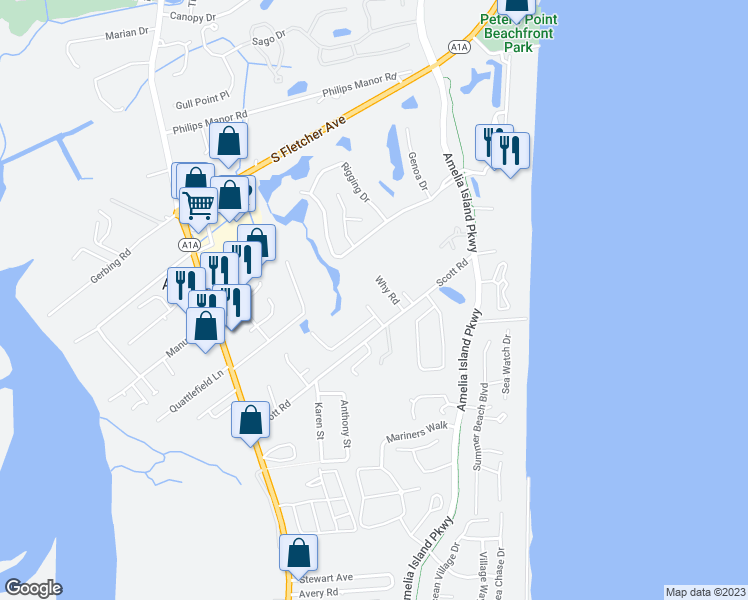 map of restaurants, bars, coffee shops, grocery stores, and more near 4854 Ocean Forest Lane in Fernandina Beach