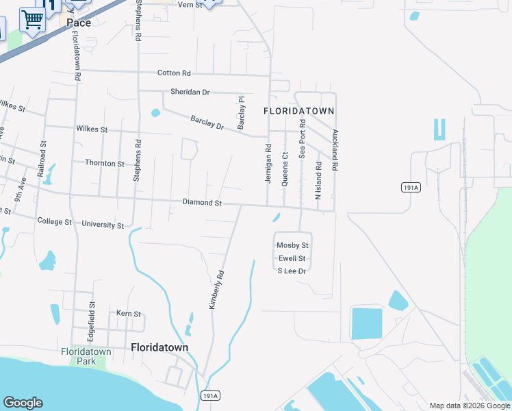 map of restaurants, bars, coffee shops, grocery stores, and more near County Road 191A in Pace