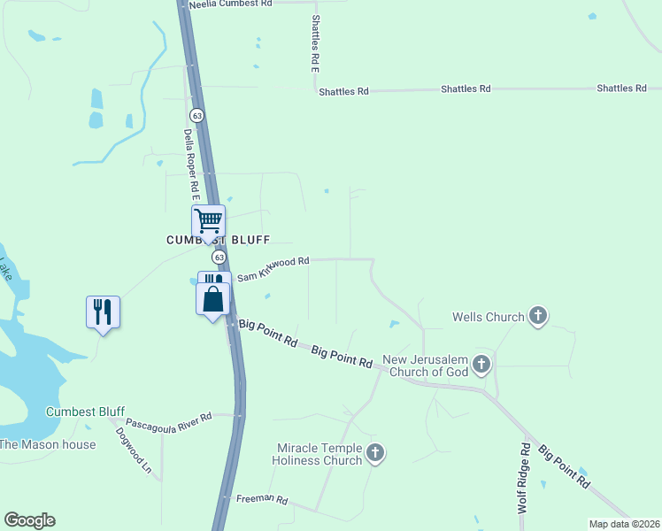 map of restaurants, bars, coffee shops, grocery stores, and more near 3232 Sam Kirkwood Road in Moss Point
