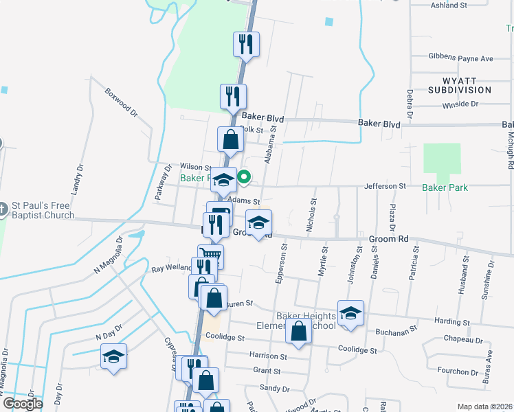 map of restaurants, bars, coffee shops, grocery stores, and more near 3292 Adams Street in Baker