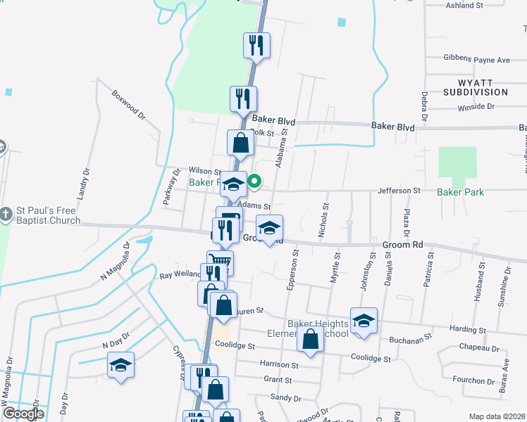 map of restaurants, bars, coffee shops, grocery stores, and more near 3292 Adams Street in Baker