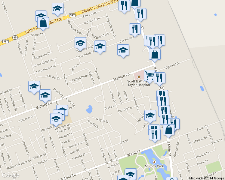 map of restaurants, bars, coffee shops, grocery stores, and more near 2602 Donna Drive in Taylor