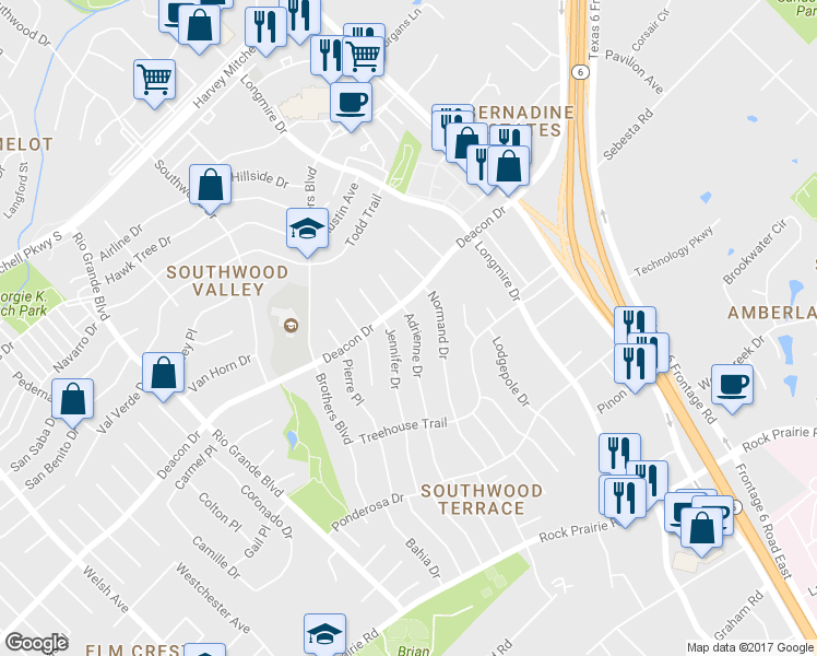 map of restaurants, bars, coffee shops, grocery stores, and more near 2806 Adrienne Dr in College Station