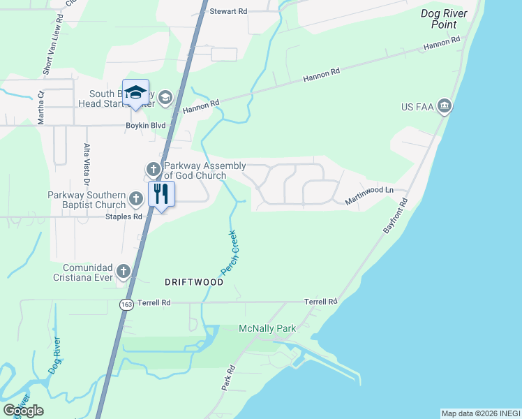 map of restaurants, bars, coffee shops, grocery stores, and more near 3953 Pinehaven Drive in Mobile