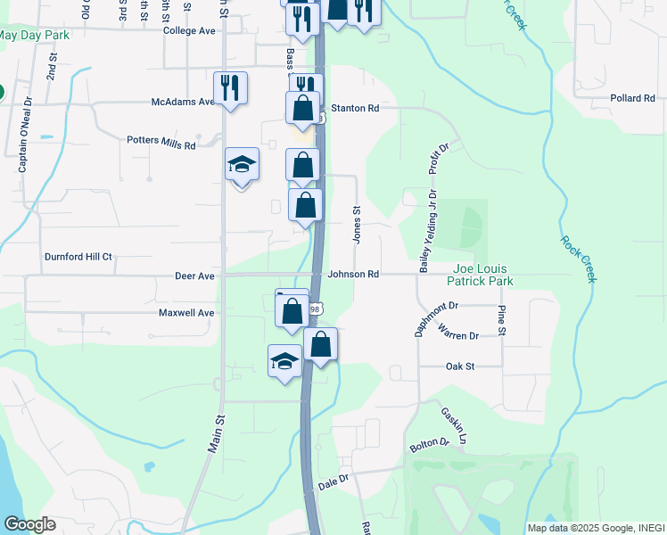map of restaurants, bars, coffee shops, grocery stores, and more near 1001 Johnson Road in Daphne