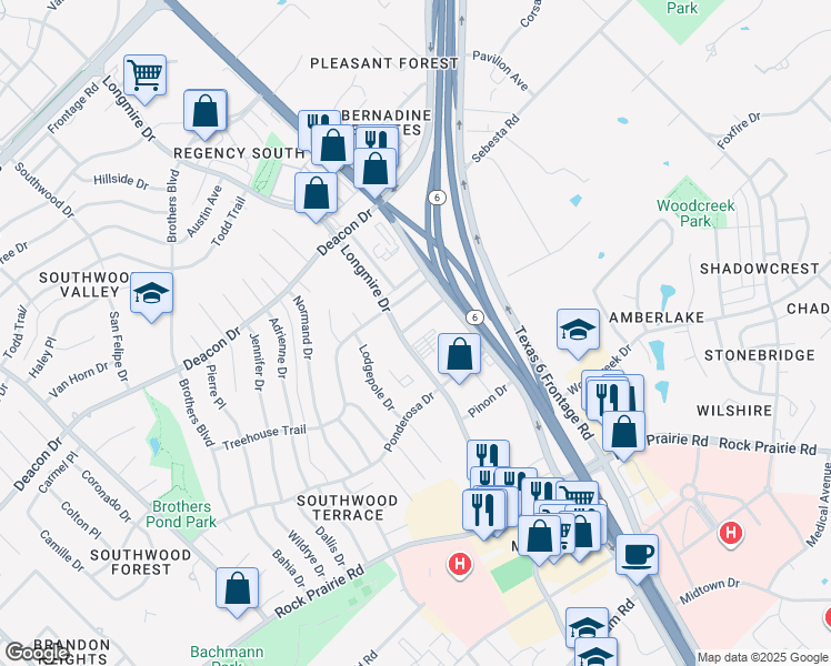 map of restaurants, bars, coffee shops, grocery stores, and more near 3007 Longmire Drive in College Station