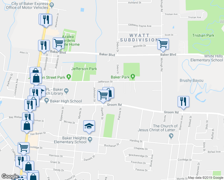map of restaurants, bars, coffee shops, grocery stores, and more near 1304 Plaza Drive in Baker