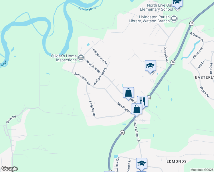 map of restaurants, bars, coffee shops, grocery stores, and more near 7813 Ben Fugler Road in Denham Springs