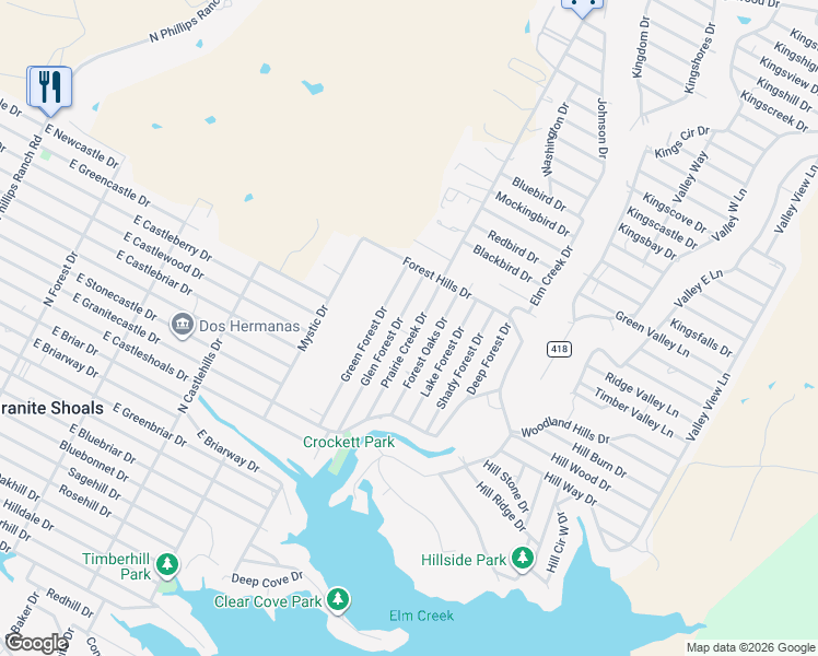 map of restaurants, bars, coffee shops, grocery stores, and more near 1303 Prairie Creek Road in Granite Shoals