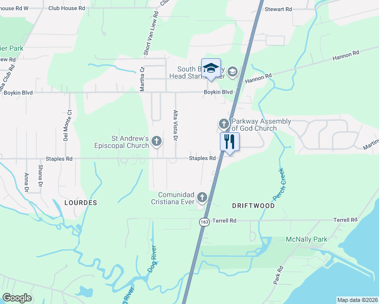 map of restaurants, bars, coffee shops, grocery stores, and more near 1750 Staples Rd in Mobile