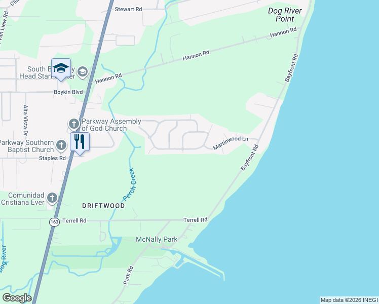 map of restaurants, bars, coffee shops, grocery stores, and more near 1209 Creekway Drive in Mobile