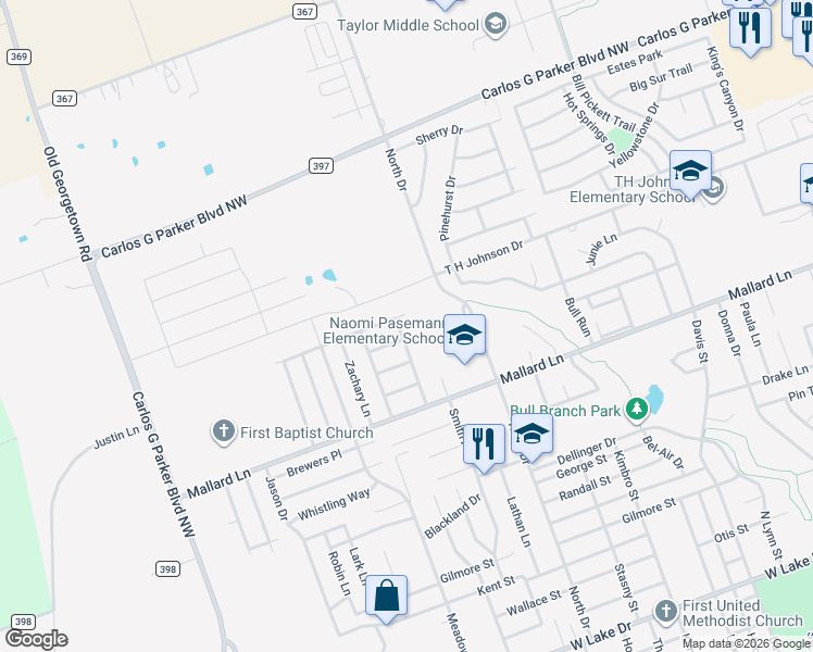 map of restaurants, bars, coffee shops, grocery stores, and more near 1801 Oaklawn Drive in Taylor