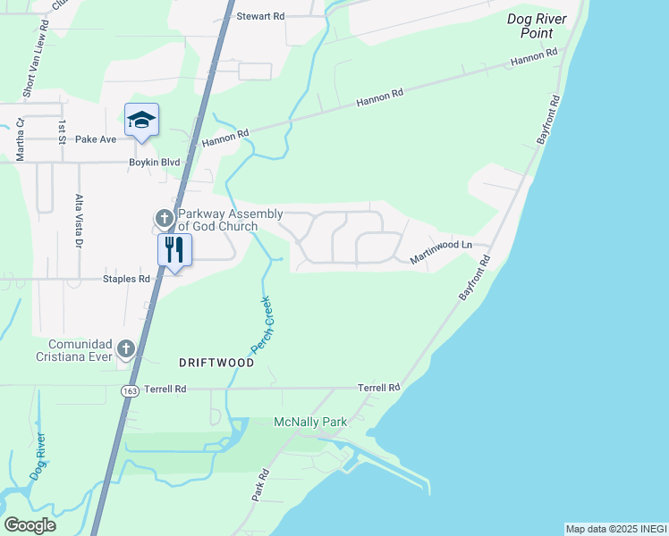 map of restaurants, bars, coffee shops, grocery stores, and more near 1263 Creekway Drive in Mobile