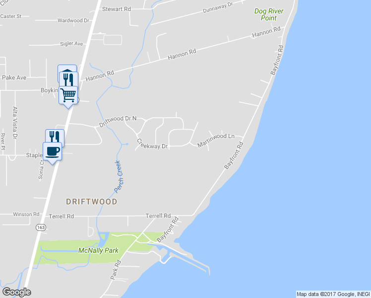 map of restaurants, bars, coffee shops, grocery stores, and more near 1201 Creekway Drive in Mobile