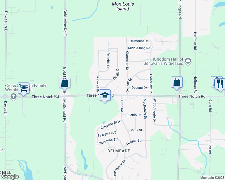 map of restaurants, bars, coffee shops, grocery stores, and more near 4868 Rosemont Circle in Mobile