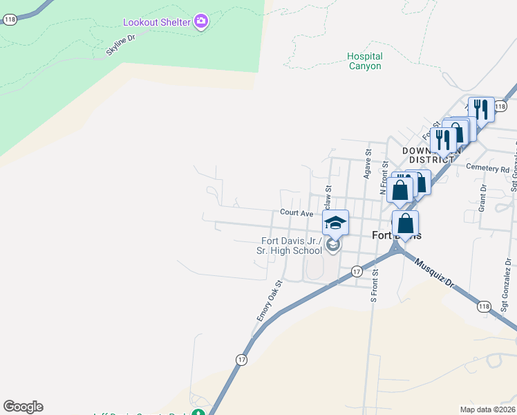 map of restaurants, bars, coffee shops, grocery stores, and more near 813 Court Avenue in Fort Davis