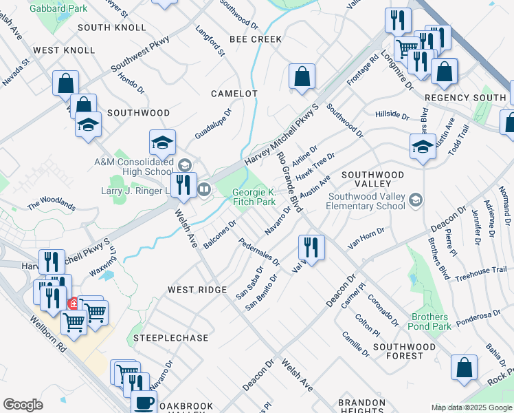 map of restaurants, bars, coffee shops, grocery stores, and more near 2406 Blanco Drive in College Station