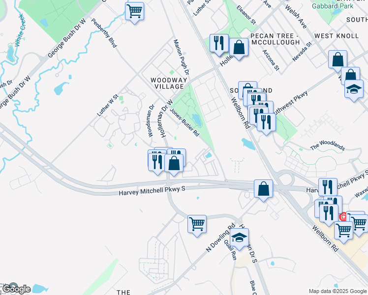 map of restaurants, bars, coffee shops, grocery stores, and more near 2001 Holleman Drive West in College Station