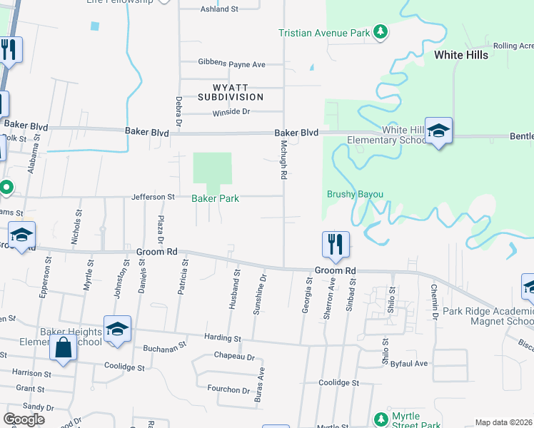 map of restaurants, bars, coffee shops, grocery stores, and more near 4611 Don Avenue in Baker