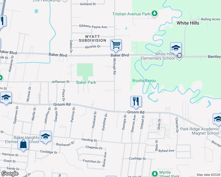 map of restaurants, bars, coffee shops, grocery stores, and more near 4625 Don Avenue in Baker