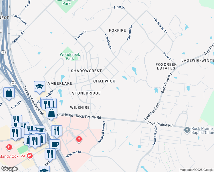 map of restaurants, bars, coffee shops, grocery stores, and more near 9407 Whitney Lane in College Station