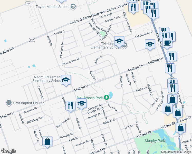 map of restaurants, bars, coffee shops, grocery stores, and more near 2802 Bull Run in Taylor