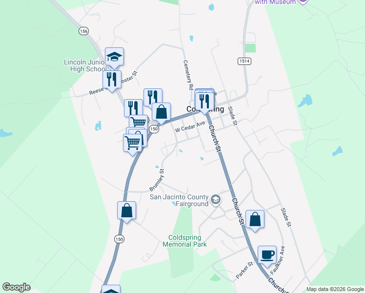map of restaurants, bars, coffee shops, grocery stores, and more near 165 West Pine Avenue in Coldspring