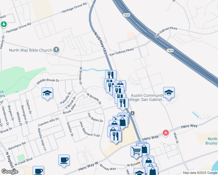 map of restaurants, bars, coffee shops, grocery stores, and more near 4572-4704 U.S. 183 in Leander