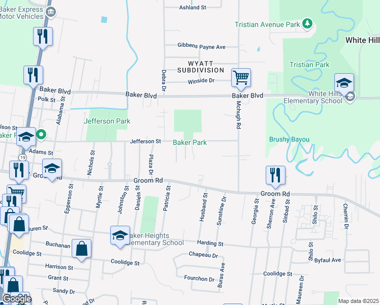 map of restaurants, bars, coffee shops, grocery stores, and more near 4386 Jefferson Street in Baker