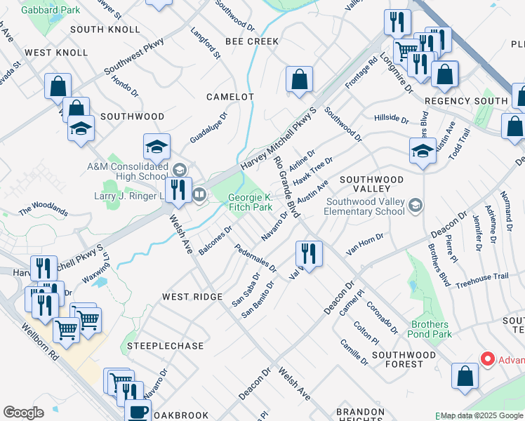map of restaurants, bars, coffee shops, grocery stores, and more near 2402 Blanco Drive in College Station