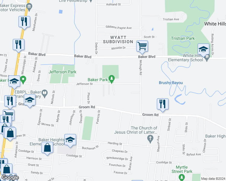 map of restaurants, bars, coffee shops, grocery stores, and more near 4386 Jefferson Street in Baker