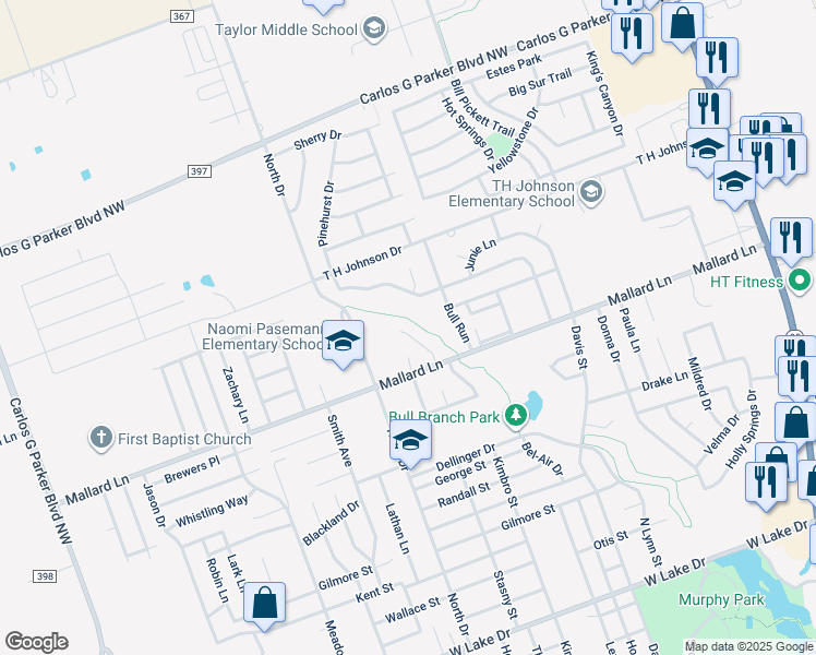 map of restaurants, bars, coffee shops, grocery stores, and more near 2906 Monika Lane in Taylor