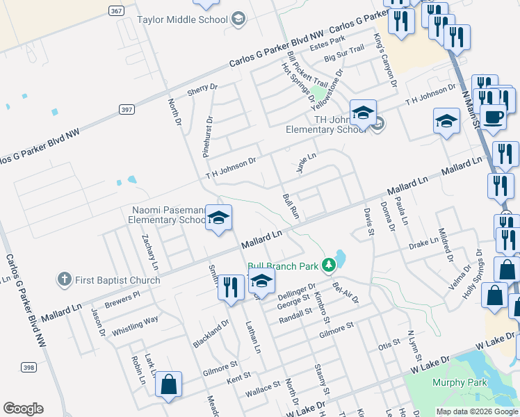 map of restaurants, bars, coffee shops, grocery stores, and more near 2810 Monika Lane in Taylor